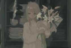 Rule 34 | 1girl, blue eyes, bouquet, bowl, brown hair, chisato charme, closed mouth, collared dress, commentary request, cup, cupboard, dress, flower, hair over shoulder, hands up, highres, holding, holding bouquet, indoors, lace trim, lily (flower), long hair, long sleeves, looking to the side, original, outline, plate, porcelain, puffy long sleeves, puffy sleeves, solo, teacup, white dress, white flower