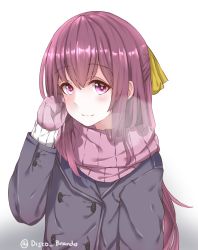 Rule 34 | 10s, 1girl, alternate costume, arm at side, buttons, casual, coat, commentary, disco brando, gloves, highres, kamikaze (kancolle), kantai collection, light smile, long hair, looking at viewer, pink scarf, purple eyes, purple gloves, purple hair, ribbon, scarf, solo, twitter username, upper body, winter clothes, winter coat, yellow ribbon