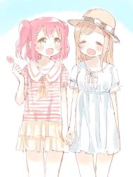 Rule 34 | 10s, 2girls, :d, ^ ^, ascot, blush, bow, brown hair, candy, closed eyes, commentary, dress, food, green eyes, hair ornament, hairpin, hat, hat bow, highres, holding hands, kunikida hanamaru, kurosawa ruby, lollipop, love live!, love live! school idol project, love live! sunshine!!, multiple girls, open mouth, pale color, red hair, sailor collar, shijimi kozou, shirt, sketch, skirt, smile, striped clothes, striped shirt, sun hat, swept bangs, two side up, yuri