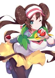 Rule 34 | 1girl, absurdres, breasts, brown hair, brown pantyhose, closed mouth, commentary, creatures (company), double bun, floating hair, game freak, gen 5 pokemon, green eyes, hair bun, highres, holding, holding poke ball, kikurage tom., large breasts, long hair, medium breasts, nintendo, one eye closed, pantyhose, pantyhose under shorts, poke ball, poke ball (basic), pokemon, pokemon (creature), pokemon bw2, rosa (pokemon), shirt, shoes, shorts, smile, sneakers, snivy, twintails, very long hair, visor cap, yellow shorts