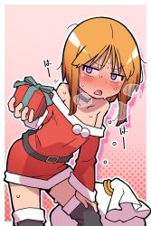 Rule 34 | 1girl, bare shoulders, belt, black belt, black choker, black thighhighs, blush, bob cut, breath, choker, christmas, commentary, cowboy shot, dress, frown, gift, giving, gundam, gundam zz, half-closed eyes, hand on own knee, highres, holding, holding gift, leaning forward, long sleeves, looking at viewer, microdress, motion lines, off-shoulder dress, off shoulder, onimaru (onimal7802), open mouth, orange hair, outline, purple eyes, puru two, red dress, sack, santa dress, short hair, solo, standing, sweat, thighhighs, translated, water drop, white outline