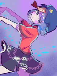 Rule 34 | 1girl, :/, absurdres, black skirt, blue eyes, blue hair, blush, booonyanyanya, breasts, cabbie hat, closed mouth, cowboy shot, eyebrows visible through hat, gradient background, hat, hat ornament, head tilt, highres, jiangshi, looking at viewer, miyako yoshika, ofuda, one-hour drawing challenge, outstretched arms, purple background, purple hat, red shirt, shirt, short hair, short sleeves, simple background, skirt, small breasts, solo, star (symbol), star hat ornament, swept bangs, touhou, walking, zombie pose