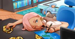 Rule 34 | 1boy, book, bookshelf, brown vest, chair, closed mouth, commentary, creatures (company), ffccll, frown, game freak, gen 7 pokemon, gloves, green eyes, hair ornament, highres, holding, holding pen, ilima (pokemon), indoors, komala, male focus, map, nintendo, one eye closed, partially fingerless gloves, pen, pink hair, pokemon, pokemon (creature), pokemon sm, rug, shirt, short hair, short sleeves, single glove, table, vest, white shirt