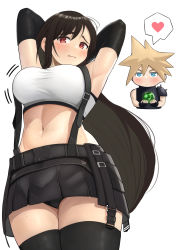 Rule 34 | 1boy, 1girl, armpits, arms behind head, arms up, bare shoulders, belt, black belt, black gloves, black panties, black shirt, black skirt, black sports bra, black thighhighs, blonde hair, blue eyes, blush, bouncing breasts, breasts, brown hair, buckle, closed mouth, cloud strife, commentary, cowboy shot, crop top, elbow gloves, embarrassed, eyebrows hidden by hair, final fantasy, final fantasy vii, final fantasy vii remake, gloves, hair between eyes, heart, highres, holding, kul (ngsensei), large breasts, long hair, looking at viewer, materia, midriff, motion lines, navel, panties, pantyshot, pleated skirt, red eyes, ribbed shirt, shirt, sidelocks, simple background, skirt, sleeveless, sleeveless shirt, snap-fit buckle, spiked hair, spoken heart, sports bra, square enix, standing, suspender skirt, suspenders, sweat, tank top, taut clothes, taut shirt, thighhighs, tifa lockhart, underwear, wavy mouth, white background, white tank top, zettai ryouiki