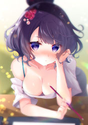 Rule 34 | 1girl, arm support, black hair, black skirt, blurry, blurry background, blush, breasts, cleavage, collarbone, commentary request, depth of field, fate/grand order, fate (series), grey shirt, hair ornament, hand up, head in hand, head rest, highres, holding, katsushika hokusai (fate), ko yu, large breasts, off shoulder, purple eyes, shirt, short sleeves, skirt, solo, wide sleeves