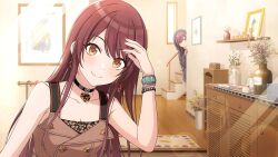 Rule 34 | 2girls, breasts, brown eyes, brown hair, buttons, choker, cleavage, game cg, hood, idolmaster, idolmaster shiny colors, multiple girls, official art, osaki amana, osaki tenka, peeking out, picture frame, plant, potted plant, siblings, sisters, smile, stairs