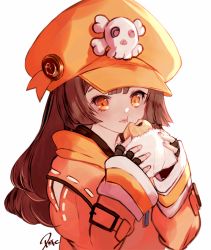 Rule 34 | 1girl, bad id, bad pixiv id, brown hair, eating, food, guilty gear, guilty gear strive, hat, may (guilty gear), orange eyes, orange hat, simple background, solo, white background