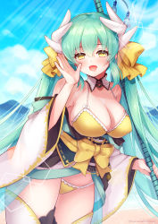 Rule 34 | 1girl, absurdres, beach, between breasts, bikini, blush, bow, breasts, cleavage, collarbone, day, fate/grand order, fate (series), green hair, hair bow, highres, horns, japanese clothes, kimono, kiyohime (fate), kiyohime (fate/grand order), kiyohime (swimsuit lancer) (fate), kiyohime (swimsuit lancer) (first ascension) (fate), large breasts, long hair, looking at viewer, ocean, open mouth, outdoors, parasol, pika mouse, ponytail, smile, solo, swimsuit, thighhighs, umbrella, yellow bikini, yellow eyes