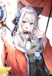 Rule 34 | 1girl, absurdres, animal ears, arknights, blue eyes, emimeku, fang, highres, long sleeves, looking at viewer, medium hair, mint (arknights), obi, open mouth, parasol, sash, skin fang, smile, solo, traditional clothes, umbrella, white hair, wide sleeves