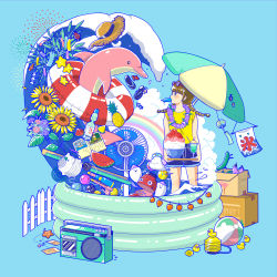 Rule 34 | 1girl, absurdres, ball, beachball, blue background, blue shorts, box, braid, eggplant, eyewear on head, fence, fish, flower, food, fruit, hand fan, hat, highres, holding, inflatable pool, innertube, leaf, long hair, mouth hold, original, popsicle, profile, purple flower, rainbow, red flower, sandals, shaved ice, shorts, solo, standing, star-shaped food, star (symbol), starfruit, straw hat, sunflower, swim ring, twin braids, water gun, watermelon, watermelon slice, waves, yellow flower, yoshimon