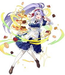 Rule 34 | 1girl, cake, cake slice, detached collar, dress, fire emblem, fire emblem: genealogy of the holy war, fire emblem heroes, floating, floating object, food, frilled dress, frills, fruit, full body, glowing, highres, leg up, long dress, long hair, macaron, maid, maid headdress, nintendo, non-web source, official art, one eye closed, open mouth, pastry, ponytail, puffy short sleeves, puffy sleeves, purple eyes, purple hair, shoes, short sleeves, sidelocks, smile, solo, sparkle, strawberry, tailtiu (fire emblem), thighhighs, tiered tray, transparent background, urata asao