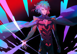Rule 34 | 1boy, armor, black armor, black cape, body armor, bonzon e, cape, cleavage cutout, closed mouth, clothing cutout, cowboy shot, fate/grand order, fate (series), fighting stance, gradient background, highres, long sleeves, male focus, medium hair, multicolored hair, odysseus (fate), pectorals, red hair, simple background, solo, streaked hair, two-tone hair, upper body, white hair, yellow eyes