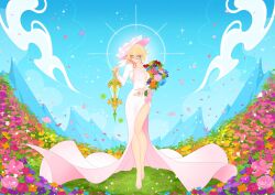 1girl adapted_costume blonde_hair blue_flower blue_sky bouquet breasts commentary day dress emilie_(genshin_impact) emilie_(guerlain)_(genshin_impact) english_commentary falling_petals ffluvy field flower flower_field full_body genshin_impact glasses hand_up hat highres holding holding_bouquet long_sleeves looking_at_viewer medium_breasts multicolored_clothes multicolored_dress multicolored_hair official_alternate_costume orange_flower outdoors petals pink_dress pink_flower pink_footwear pink_hair pink_hat purple_flower red_eyes red_flower semi-rimless_eyewear sky solo standing white_dress yellow_flower