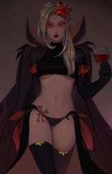 Rule 34 | 1girl, absurdres, bad id, bad tumblr id, black choker, black panties, blonde hair, blood, blood from mouth, breasts, cape, choker, commentary, cowboy shot, crop top, cup, drinking glass, elbow gloves, english commentary, fangs, gloves, glowing, glowing eyes, grey background, hair ornament, halloween, high collar, highres, holding, holding cup, holding drinking glass, lipstick, long hair, looking at viewer, makeup, matilda fiship, medium breasts, monster girl, monster girl encyclopedia, navel, panties, parted lips, pointy ears, red eyes, red lips, revealing clothes, signature, smile, solo, standing, thighhighs, turtleneck, undead, underboob, underwear, vampire, vampire (monster girl encyclopedia)