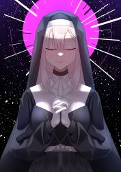 1girl absurdres black_dress black_veil breasts coif cross cross_necklace dress grey_hair hair_between_eyes hair_over_one_eye highres jewelry large_breasts latin_cross long_hair long_sleeves mole mole_under_eye necklace nijisanji nun praying robe simple_background smile solo sukoya_kana traditional_nun veil virtual_youtuber yuk264132559156