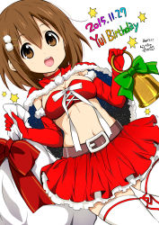 Rule 34 | 1girl, :d, bell, belt, blush, bow, breasts, brown eyes, brown hair, capelet, character name, christmas, cleavage, dated, gloves, green bow, hair ornament, hairclip, happy birthday, hirasawa yui, k-on!, looking at viewer, midriff, navel, official style, open mouth, ragho no erika, red bow, ribbon, sack, santa costume, short hair, signature, simple background, skirt, smile, solo, starry sky print, stomach, thighhighs, white background, white bow, white ribbon, zettai ryouiki