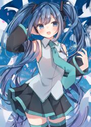 Rule 34 | 1girl, aqua necktie, bare shoulders, black thighhighs, blue eyes, blue hair, blush, detached sleeves, hatsune miku, heripiro, highres, long hair, necktie, open mouth, solo, standing, thighhighs, twintails, vocaloid