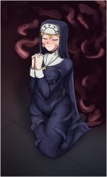 Rule 34 | 1girl, absurdres, blonde hair, blush, grabbing another&#039;s breast, breasts, covered erect nipples, cross, cross necklace, double (skullgirls), closed eyes, grabbing, groping, habit, highres, interlocked fingers, jewelry, kneeling, kushishekku, large breasts, necklace, nun, praying, skullgirls, smile, solo, tentacle pit, tentacles, tentacles under clothes, tile floor, tiles