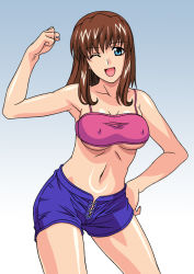 Rule 34 | 1girl, armpits, bare shoulders, blue eyes, breasts, brown hair, dead or alive, covered erect nipples, hairband, hitomi (doa), long hair, midriff, one eye closed, oppai oppai, rudoni, shorts, solo, tecmo, underboob, wink