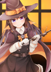 Rule 34 | 1girl, adapted costume, asashio (kancolle), belt, black cape, black hair, black hat, blue eyes, buttons, cape, collared shirt, comiching, commentary request, cowboy shot, dress, flat chest, gloves, halloween, hat, highres, indoors, kantai collection, long hair, long sleeves, looking at viewer, pinafore dress, red ribbon, ribbon, searchlight, shirt, sleeveless, sleeveless dress, smile, solo, staff, wand, white gloves, white shirt, window, witch hat