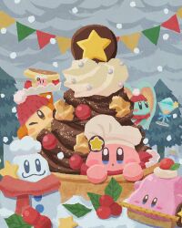 Rule 34 | :o, arm up, beanie, berry, blue eyes, blush, blush stickers, brown eyes, cake, car-mouth cake, car mouth, chef hat, chef kawasaki, cloud, cloudy sky, commentary request, cup, elfilin, food, full body, hat, highres, holly, kirby, kirby (series), kirby and the forgotten land, looking at viewer, miclot, mouthful mode, nintendo, no humans, one eye closed, outdoors, parted lips, pennant, pom pom (clothes), red headwear, red scarf, scarf, sky, snow, snowing, snowman, star (symbol), tree, waddle dee, whipped cream, white headwear, winter