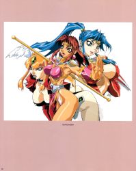Rule 34 | 1990s (style), 3girls, :o, all fours, angel wings, armor, armpits, artbook, ass, belt, bent over, blonde hair, blue eyes, blue hair, blunt bangs, blush, border, breasts, breasts apart, bridal gauntlets, brown eyes, brown hair, center opening, choker, choujin gakuen gowcaizer, circlet, cleavage, collar, copyright name, covered erect nipples, curvy, earrings, elfie elfman, fang, fighting stance, fingernails, floating hair, foreshortening, g-string, gem, gloves, groin, hair ornament, head wings, high ponytail, highleg, highleg leotard, highleg panties, highres, hishizaki shaia (gowcaizer), holding, impossible clothes, jacket, jewelry, large breasts, leotard, lips, lipstick, loincloth, long fingernails, long hair, looking at viewer, looking back, magical girl, makeup, midriff, miniskirt, multiple girls, nail polish, narrow waist, necrocaizer, no bra, official art, oobari masami, open clothes, open jacket, open mouth, orange hair, outstretched arms, pale skin, panties, parted bangs, parted lips, pauldrons, ponytail, profile, retro artstyle, scan, see-through, shoulder armor, sideboob, sidelocks, signature, simple background, skirt, smile, son karin, spikes, spread arms, staff, standing, tan, technos, thighlet, thighs, thong, thong leotard, tiara, underwear, upper body, weapon, white background, white panties, wings