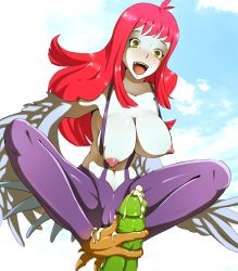 Rule 34 | 1girl, blush, breasts, cameltoe, cum, duel monster, ejaculation, fangs, feet, footjob, green eyes, harpie lady, harpy, large breasts, large penis, monster girl, nipples, open mouth, pale skin, penis, red hair, solo focus, uncensored, yu-gi-oh!, zerosabort