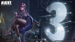 Rule 34 | 1girl, belt, bodystocking, cleavage, crossed legs, eyewear on head, full body, goddess of victory: nikke, harness, highres, jacket, leather, leather belt, leather jacket, lipstick, long hair, makeup, official art, open clothes, open jacket, pantyhose, red jacket, sandals, see-through, see-through cleavage, socks, solo, sunglasses, swimsuit, thighs, torn bodystocking, torn clothes, very long hair, volume (nikke), white socks