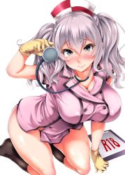Rule 34 | 10s, 1girl, alternate costume, arm support, black socks, blue eyes, blush, breasts, cleavage, gloves, hat, kantai collection, kashima (kancolle), kneeling, large breasts, latex, latex gloves, leaning forward, looking at viewer, nose blush, nurse, nurse cap, oohira sansetto, oohira sunset, rubber gloves, short sleeves, sidelocks, silver hair, smile, socks, solo, stethoscope, twintails, wavy hair, yellow gloves