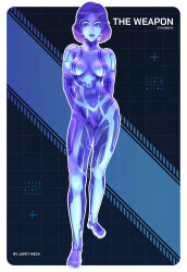 Rule 34 | 1girl, arms behind back, artist name, blue eyes, blue hair, blue lips, blue skin, breasts, character name, colored skin, commentary, contrapposto, full body, halo (series), halo infinite, highres, jafet meza, medium breasts, outline, smile, solo, symbol-only commentary, the weapon (halo infinite)
