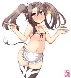 Rule 34 | alternate hairstyle, animal ears, animal print, apron, bikini, brown eyes, chopsticks, commentary request, covered erect nipples, cow ears, cow horns, cow print, cow tail, cowboy shot, ear tag, fake animal ears, fake horns, flat chest, food, frilled apron, frills, grey hair, highres, horns, kanon (kurogane knights), kantai collection, long hair, looking at viewer, micro bikini, omelet, one-hour drawing challenge, plate, revealing clothes, simple background, solo, swimsuit, tail, tamagoyaki, thighhighs, twintails, waist apron, whit apron, white background, white thighhighs, zuihou (kancolle)