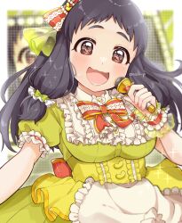 Rule 34 | 1girl, artist name, black hair, blurry, blurry background, blush, bow, breasts, brown eyes, choko omochi, dot nose, dress, frilled dress, frills, green dress, green ribbon, hair ornament, hair ribbon, hair scrunchie, highres, holding, holding microphone, idolmaster, idolmaster cinderella girls, idolmaster cinderella girls starlight stage, large breasts, layered dress, long hair, looking at viewer, microphone, ohnuma kurumi, open mouth, pink nails, red ribbon, ribbon, screen, scrunchie, short sleeves, smile, solo, sparkle, stage, sweat, tears, twintails, wavy mouth