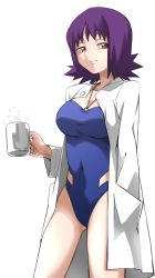 Rule 34 | 1girl, blue one-piece swimsuit, breasts, brown eyes, chiizu ore, cleavage, coat, coffee mug, commentary, covered navel, cowboy shot, creatures (company), cup, game freak, gluteal fold, half-closed eyes, hand in pocket, highres, holding, holding cup, lab coat, large breasts, light smile, long sleeves, looking at viewer, medium hair, mug, navel, nintendo, o-ring, one-piece swimsuit, open clothes, open coat, philena ivy, pokemon, pokemon (anime), pokemon (classic anime), purple hair, simple background, solo, standing, steam, swimsuit, taut clothes, taut swimsuit, white background
