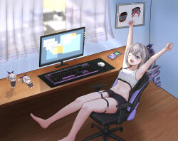 Rule 34 | 1girl, absurdres, armpits, arms up, bare arms, bare legs, bare shoulders, barefoot, black shorts, bra strap, character doll, commentary request, computer, crop top, curtains, drill hair, grey eyes, grey hair, herta (honkai: star rail), highres, honkai: star rail, honkai (series), indoors, keyboard (computer), lokk, long hair, looking at viewer, midriff, monitor, mouse (computer), navel, one eye closed, open mouth, ponytail, screwllum (honkai: star rail), shirt, short shorts, shorts, silver wolf (honkai: star rail), single-shoulder shirt, sitting, sleeveless, sleeveless shirt, solo, stomach, stretching, swivel chair, thigh strap, thighs, white shirt