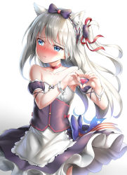 Rule 34 | 1girl, :t, absurdres, american flag, american flag print, animal ears, apron, azur lane, bare shoulders, black bow, black dress, blue bow, blue eyes, blush, bow, cat ears, cat hair ornament, choker, closed mouth, collarbone, commentary request, cowboy shot, dress, flag print, gradient background, grey background, hair between eyes, hair bow, hair ornament, hair ribbon, hairband, hammann (azur lane), heart, heart hands, highres, long hair, looking away, looking to the side, nedia (nedia region), nose blush, one side up, pout, puffy short sleeves, puffy sleeves, red bow, red choker, red ribbon, remodel (azur lane), ribbon, short sleeves, silver hair, simple background, solo, star (symbol), strapless, strapless dress, underbust, very long hair, waist apron, white apron, white background, wrist cuffs