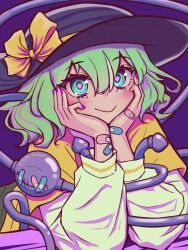 Rule 34 | 1girl, :&gt;, alternate costume, bandaid, bandaid on arm, bandaid on eye, black hat, blush, bow, commentary, english commentary, green eyes, green hair, grey hair, hair between eyes, hands on own face, hands on table, hat, hat bow, hat ribbon, heart, heart-shaped pupils, highres, komeiji koishi, layered clothes, long sleeves, looking ahead, puffy sleeves, purple background, purple nails, raikou ranleaf, ribbon, shirt, short hair, smile, solo, symbol-shaped pupils, third eye, touhou, twitter username, upper body, wavy hair, white sleeves, yellow bow, yellow ribbon, yellow shirt