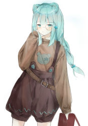 Rule 34 | 0 (znanimo), 1girl, absurdres, alternate costume, animal ears, aqua eyes, aqua hair, arknights, bear ears, belt, blush, braid, brown shorts, brown sweater, buckle, closed mouth, commentary, cowboy shot, hair ornament, highres, holding, istina (arknights), long hair, long sleeves, looking at viewer, monocle, shorts, simple background, single braid, sleeves past wrists, solo, star (symbol), star hair ornament, suspender shorts, suspenders, sweater, symbol-only commentary, white background