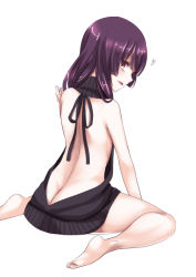Rule 34 | 1girl, arched back, ass, backless dress, backless outfit, bare back, bare shoulders, barefoot, black sweater, brown eyes, butt crack, drawstring, dress, from behind, halterneck, hand up, heart, itsumoto hiroharu, long hair, looking at viewer, looking back, meme attire, naked sweater, original, parted lips, plantar flexion, profile, purple hair, ribbed sweater, sidelocks, simple background, sitting, smile, solo, sweater, sweater dress, turtleneck, turtleneck sweater, virgin killer sweater, wariza, white background
