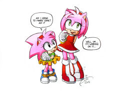 Rule 34 | 2girls, amy rose, boots, classic amy rose, dated, dress, dual persona, english text, finik, furry, furry female, gloves, green eyes, highres, multiple girls, open mouth, red dress, shoes, signature, sonic (series), sonic the hedgehog (classic), speech bubble, white background, white gloves