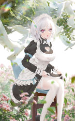 Rule 34 | 1girl, absurdres, apron, bad id, bad pixiv id, bird, black dress, borrowed character, chair, cirilla lin, cleavage cutout, clothing cutout, collared dress, commentary request, day, dove, dress, field, fish hair ornament, flower, flower field, hair ornament, heart cutout, highres, juliet sleeves, long sleeves, looking at viewer, maid, maid apron, maid headdress, nacchan (ohisashiburi), original, outdoors, pink flower, puffy sleeves, red eyes, red lips, revision, short hair, sitting, skirt hold, solo, thighhighs, tree, white apron, white hair, white thighhighs