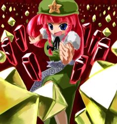 Rule 34 | 1girl, blue eyes, bow, braid, china dress, chinese clothes, chop, crystal, dress, female focus, hair bow, hat, hong meiling, long hair, lowres, open mouth, pink hair, shatter, solo, star (symbol), touhou, twin braids