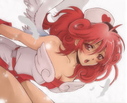Rule 34 | 1girl, aikosu (icos), angel wings, bare shoulders, bent over, blush, breasts, cleavage, collarbone, duel monster, feathers, hat, injection fairy lily, long hair, nurse, nurse cap, open mouth, pink hair, red eyes, red hair, solo, wings, yu-gi-oh!, yu-gi-oh! duel monsters