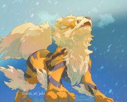 Rule 34 | akira (akira art poke), arcanine, bright pupils, brown eyes, commentary request, creatures (company), fangs, game freak, gen 1 pokemon, highres, looking up, nintendo, no humans, open mouth, outdoors, pokemon, pokemon (creature), smile, snowing, solo, standing, watermark