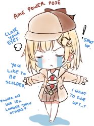 Rule 34 | !, 1girl, :&lt;, blonde hair, blush, brown headwear, brown jacket, brown skirt, chibi, closed eyes, closed mouth, collared shirt, colored shadow, commentary, crying, english commentary, english text, facing viewer, full body, hair ornament, highres, hitsukuya, hololive, hololive english, jacket, long hair, long sleeves, necktie, open clothes, open jacket, outstretched arms, pleated skirt, pocket watch, red necktie, shadow, shirt, simple background, skirt, sleeves past wrists, solo, standing, streaming tears, tears, v-shaped eyebrows, virtual youtuber, watch, watson amelia, watson amelia (1st costume), white background, white shirt
