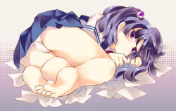 Rule 34 | 00s, 1girl, ass, barefoot, blue eyes, blue hair, blush, clannad, feet, fetal position, foreshortening, full body, hair bobbles, hair ornament, ichinose kotomi, long hair, matching hair/eyes, onodera, panties, pantyshot, paper, plantar flexion, school uniform, soles, solo, tears, toes, twintails, two side up, underwear