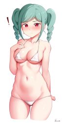 Rule 34 | !, 1girl, aqua hair, arm behind back, armpit crease, artist name, bare arms, bare shoulders, bikini, blush, braid, breasts, cleavage, closed mouth, collarbone, commentary, covered erect nipples, cowboy shot, cropped legs, fingernails, groin, halterneck, hand on own chest, hand up, highres, looking at viewer, love live!, love live! superstar!!, medium breasts, medium hair, micro bikini, navel, nose blush, onitsuka tomari, raised eyebrow, red eyes, sidelocks, simple background, solo, standing, stomach, string bikini, swept bangs, swimsuit, twin braids, twintails, unsfrau, white background, white bikini
