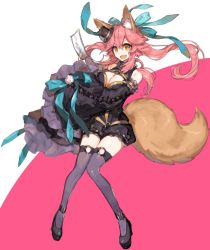 Rule 34 | 10s, 1girl, :d, animal ears, ankle cuffs, aqua ribbon, black footwear, black thighhighs, blush, breasts, chocoan, cleavage, detached sleeves, fate/extra, fate/grand order, fate (series), fix tail, fox ears, fox girl, fox tail, frilled shorts, frilled sleeves, frills, hair between eyes, hat, holding, japanese clothes, kimono, large breasts, long hair, looking at viewer, mini hat, mini top hat, official alternate costume, open mouth, over-kneehighs, pink background, pink hair, ribbon, shirt, shoes, shorts, sleeveless, sleeveless shirt, smile, solo, standing, tail, talisman, tamamo (fate), tamamo no mae (fate/extra), tamamo no mae (sable mage) (fate), thighhighs, top hat, two-tone background, white background, yellow eyes
