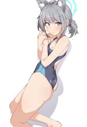 Rule 34 | 1girl, absurdres, animal ears, ass, bare arms, bare shoulders, barefoot, blue archive, blue eyes, blush, breasts, cat ears, competition swimsuit, from side, grey hair, hair ornament, halo, highres, looking at viewer, one-piece swimsuit, parted lips, seihekiog, shiroko (blue archive), shiroko (swimsuit) (blue archive), simple background, small breasts, solo, swimsuit, thighs, white background