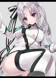 Rule 34 | 10s, 1girl, :o, ahoge, akitsushima (kancolle), ass, bad id, bad pixiv id, blush, buttons, double-breasted, earrings, gloves, grey background, grey hair, hair ornament, hair ribbon, jewelry, kantai collection, letterboxed, long hair, long sleeves, looking at viewer, military, military uniform, miniskirt, misumi (macaroni), parted bangs, polka dot, purple eyes, ribbon, side ponytail, sidelocks, simple background, sitting, skirt, sleeves rolled up, solo, striped ribbon, thighhighs, uniform, upskirt, very long hair, white gloves