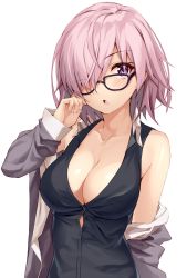 Rule 34 | 1girl, bare shoulders, black dress, blush, breasts, cleavage, collarbone, dress, fate/grand order, fate (series), glasses, grey jacket, hair over one eye, jacket, large breasts, light purple hair, looking at viewer, mash kyrielight, off shoulder, open clothes, open jacket, open mouth, purple eyes, short hair, shunichi, simple background, solo, white background
